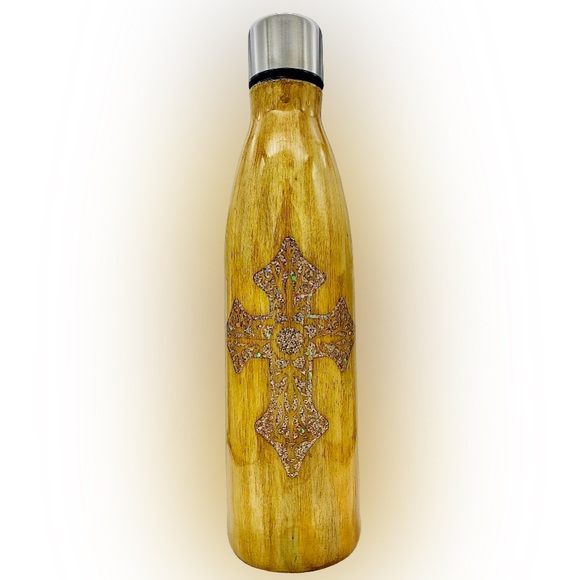 Faith 17oz water bottle, hand painted wood grain, gold & gemstone glitter inlays - Picture 4 of 12